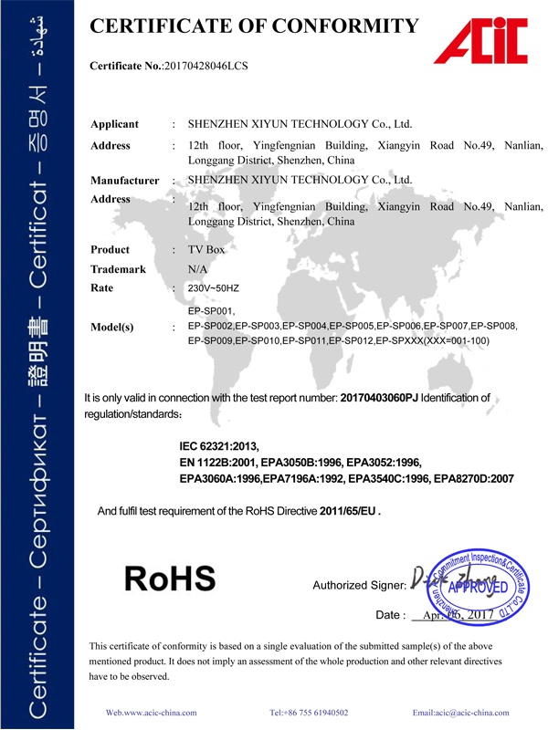 ROHS Certificate of Media box ROHS Certificate of Media box